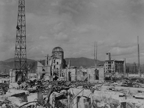 Black and white image of Nagasaki after the atomic bomb in 1948