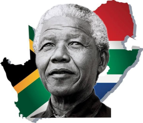 Black and white image of an older Nelson Mandela, he wears a dark shirt and has grey hair. Behind him is a graphic of the South Africa flag in its bright colours of red, green, blue, and yellow