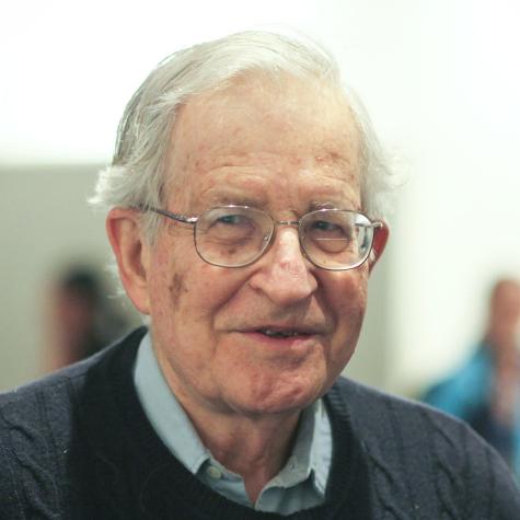 Portrait of Noam Chomsky. He sits wearing glasses and a dark jumper looking into the camera and smiling.