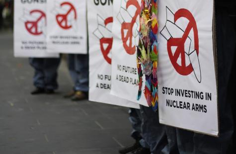A protest in Melbourne, Australia, against investments in companies that manufacture nuclear weapons.