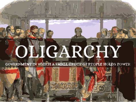 A painted scene of elite rulers is in the background with the word 'Oligarchy' in large letters written in the centre of the image.