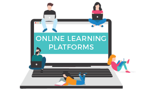 Graphic of a laptop with 5 learners working on top of the laptop each holding their own computer.