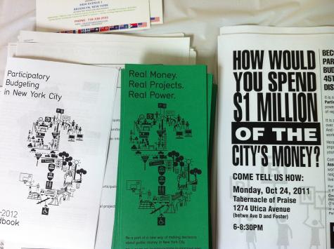 Participatory budgeting pamphlets discussing how people can have a say in how budgets are spent.