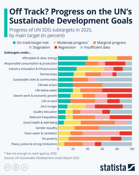 Bar chart titled "Off Track? Progress on the UN&rsquo;s Sustainable Development Goals" showing the progress of the SDGs.