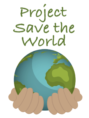 The Earth is held by two hands and above it in green is 'Project Save The World.'