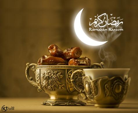 Graphic wishing a happy Ramadan to Muslims. Traditional bowls are filled with dates and a moon is in the top right corner. The Arabic for 'Happy Ramadan' is written above it.