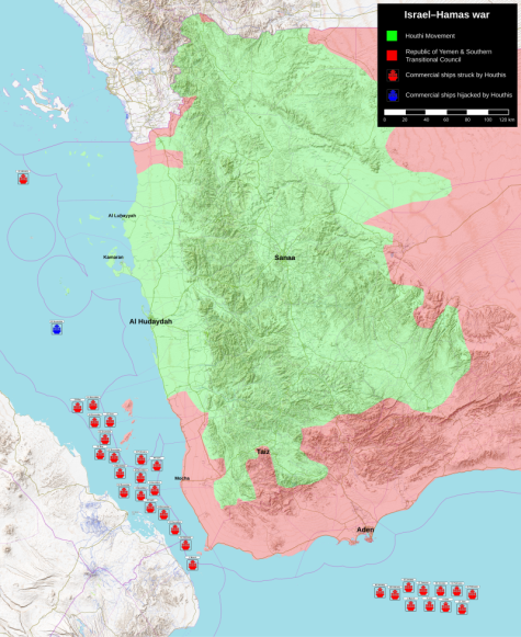 A map of the Houthi engagements with commercial ships from pro-Israel countries during the Israeli invasion of Gaza.