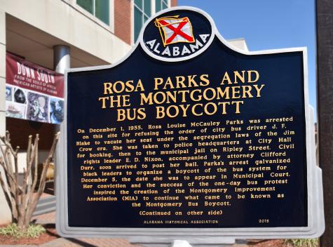 Image of the blue Rosa Parks Bus Boycott Plaque at 251 Montgomery Street, Montgomery, Alabama.