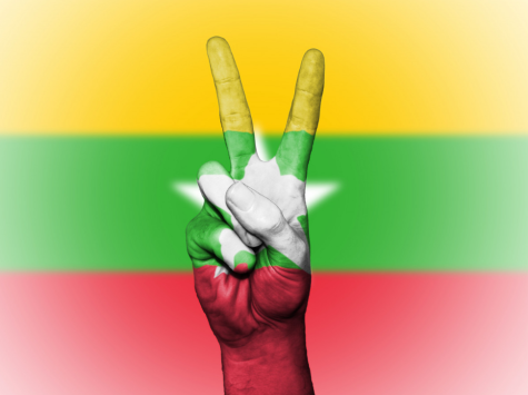 A hand makes the peace symbol with their fingers infront of the yellow, green, and red Myanmar flag.