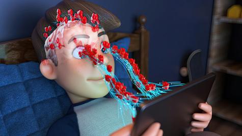 Cartton image of a young boy holding his tablet in bed showing small images of the devil entering his brain.
