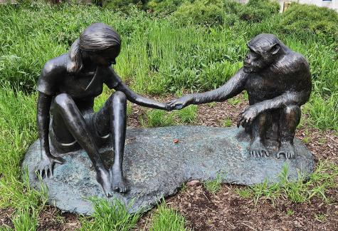 Photo of a sculpture of Jane Goodall and David Greybeard outside the Field Museum in Chicago.