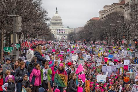 Thousands of demonstrators line the streets of Washington in front of the Whitehouse protesting in support of women's rights.