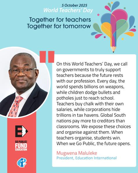Promotional poster from Educational International featuring an image and quote from Mugwena Maluleke.