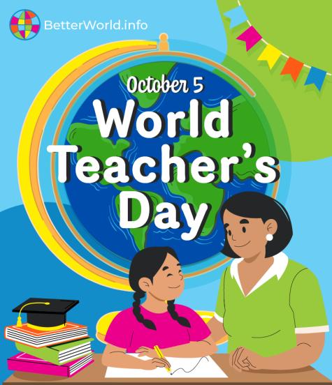 Image of a teacher smiling at a student. In the background, there is a globe with the caption “World Teachers” Day'