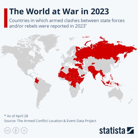 Map showing countries in which armed clashed between state forces and/or rebels were reported in 2023
