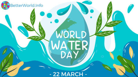 Graphic for World Water Day. There is a large water drop in the centre with an image of the Earth in it and the words World Water Day. There are green leaves and bluer water drops all around it.