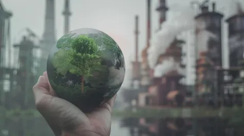 A hand holds a glass globe featuring a tree, set against a backdrop of industrial smokestacks and pollution.