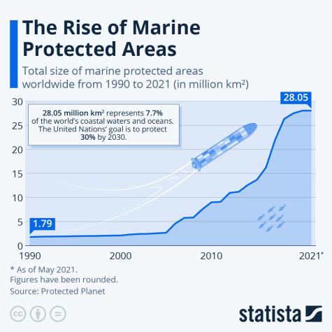 Line graph showing the increase of marine protected areas from 1990 to 2021, peaking at 28.05 million km&sup2;, with related text and logos.
