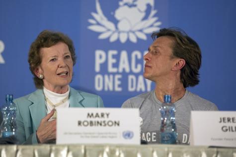  Mary Robinson joins the Peace One Day founder, Jeremy Gilley in a live broadcasted press conference to announce the annual Peace One Day concert  in 2014.