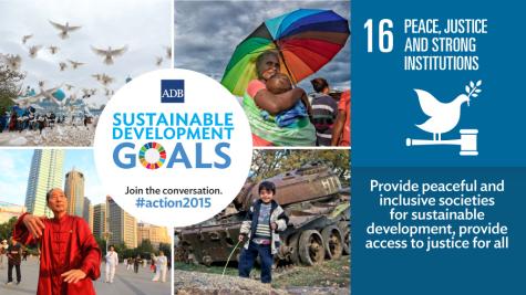 Collage featuring diverse individuals, landscapes, and symbols promoting peace, justice, and sustainable development goals.