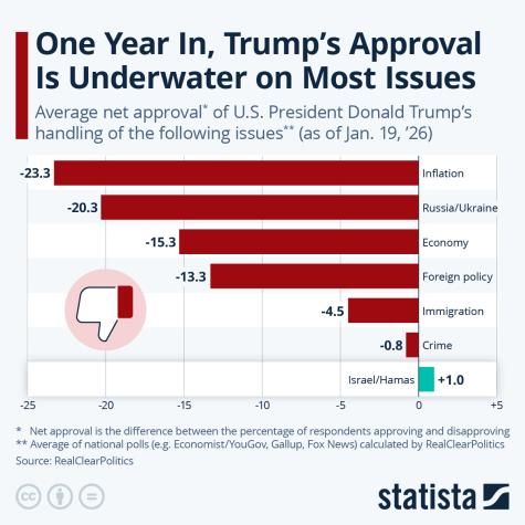 Bar graph showing average net approval ratings for Trump&rsquo;s handling of various issues, with negative values for most areas.