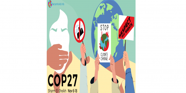 COP 27 in Sharm El-Sheikh image - a desert landscape with a green and blue Earth infront. Cimate activists hold signs protesting climate change. A green figure of a woman has her mouth covred by another hand representing repression in Egypt.