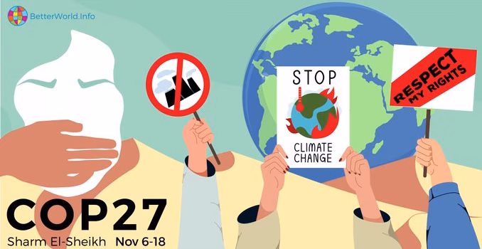 COP 27 in Sharm El-Sheikh image - a desert landscape with a green and blue Earth infront. Cimate activists hold signs protesting climate change. A green figure of a woman has her mouth covred by another hand representing repression in Egypt.