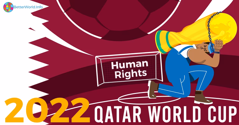 Qatar world Cup 2022 graphic &ndash; A migrant worker chained to the World Cup trophy kneels down under the weight of it. Behind is the view of a football field with the words &lsquo;human rights&rsquo; written in the goal. 