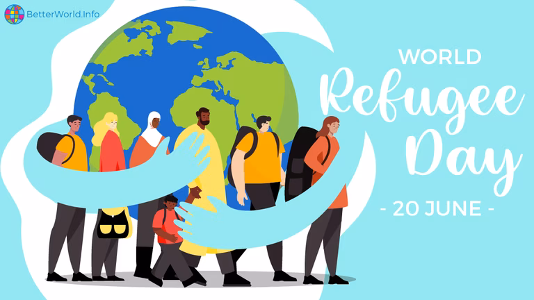 6 adult refugees and one child walking nifront of a globe with arms hugging them protectively