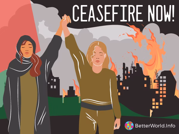 Poster calling for a ceasefire in Gaza. In the bottom left an Israel woman and a Palestinian woman hold hands in the air. There is a Palestinian flag which fills the background and infront the outline of burning buildings with smoke and flames coming off them 