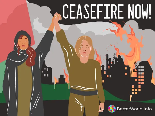 Poster calling for a ceasefire in Gaza. In the bottom left an Israel woman and a Palestinian woman hold hands in the air. There is a Palestinian flag which fills the background and infront the outline of burning buildings with smoke and flames coming off them 