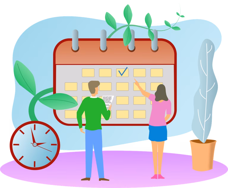 Graphic of a man and woman looking at a large calendar which is on the wall. There is a large clock face on the left, and many plants surrounding them.