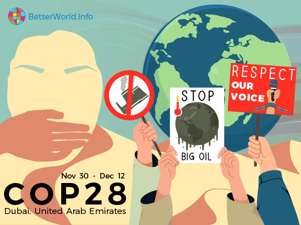 Graphic for the COP28 climate talks in Dubai. There is a woman on the left being silenced and there are protesters on the right infront of a large planet Earth. There are signs that say 'Respect our voice' and 'Stop Big Oil.'