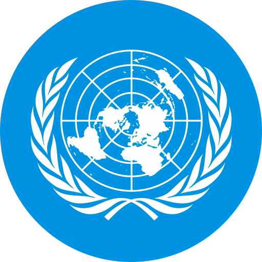 Emblem on the United Nations. A white flat image of the globe sits on top of contour lines surrounded by grains on both sides