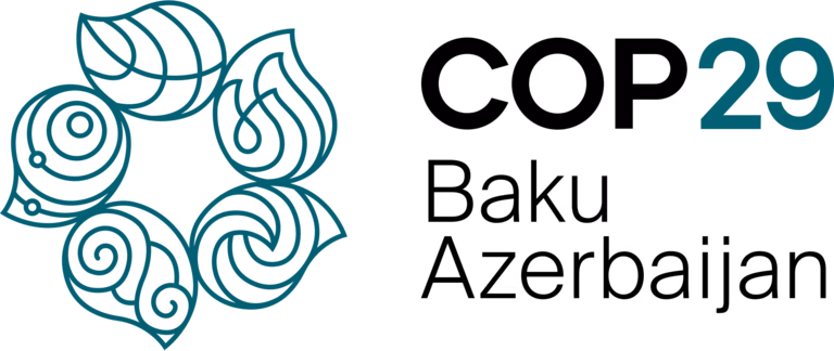 COP29 logo - 5 different green leaves are positioned in a circle on the left. On the right in black letters is says 'COP29 Baku, Azerbaijan'
