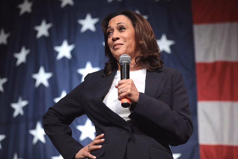 U.S. Senator Kamala Harris speaking with attendees at the 2019 Iowa Democratic Wing Ding at Surf Ballroom in Clear Lake, Iowa