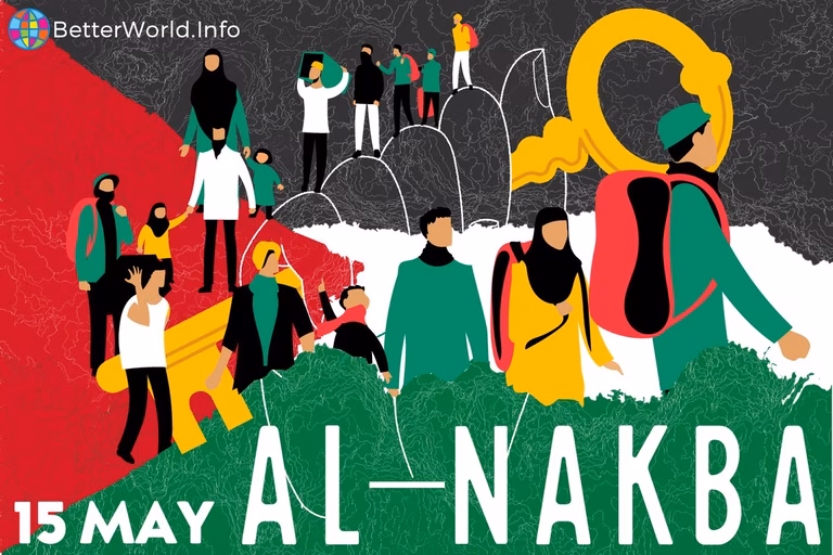 Graphic for Al-Nakba Day May 15. In the backround is the black, white, green, and red flag of Palestine. The image shows many displaced people having to leave their county. There is a large fist holding a golden key in the centre.