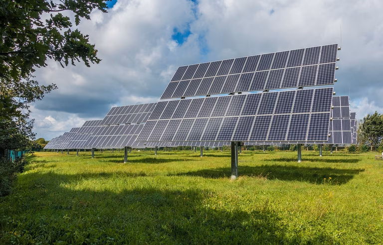 Rows of blue solar panels sit in a green field under a blue sky