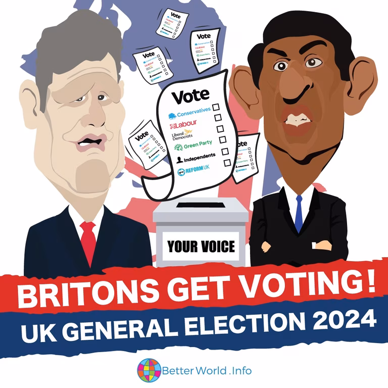Caricatures of Rishi Sunak and Keir Starmer stand either side of a ballot box. There is a map of the UK in the background with the British flag on it and ballot papers with the main candidates are flying in the air. 