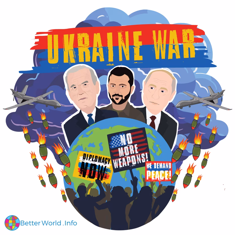 Graphic for the UKraine War. Biden, Zenlynskyy, and Putin stand behind the planet with bullets raining down from war planes and a storm cloud. Protesters at the bottom of the Earth are holding banners which say 'No more weapons', 'Diplomacy now', and 'We demand peace'.
