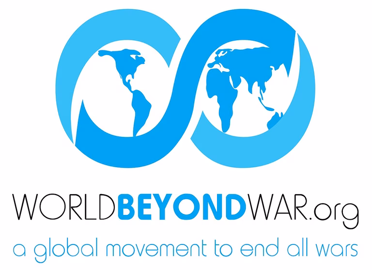 Logo for the non-profit organization World Beyond War, used on websites and publications since 2015. A blue infinity symbol has the world map inside its two circles. The words 'World Beyond War - A Global Movement to End all Wars' is written beneath it. 