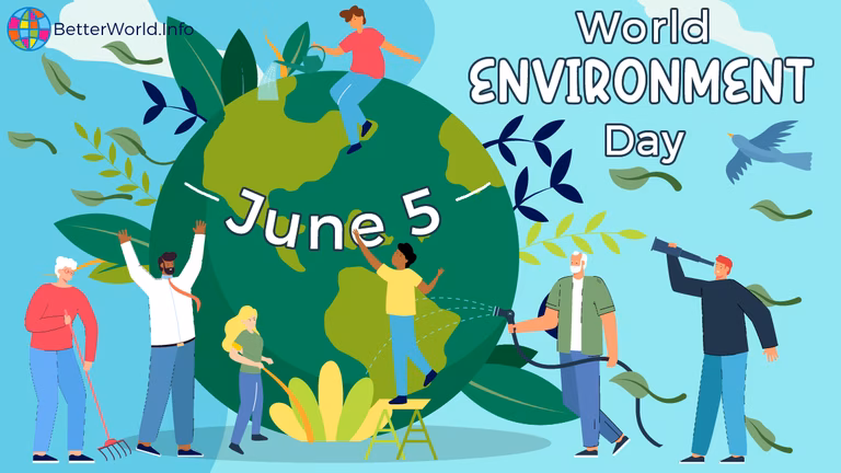 Graphic for World Environment Day. A green Earth sits on a blue background surrounded by leaves and birds and people taking care of the planet. A white banner across the globe reads &lsquo;June 5&rsquo; 