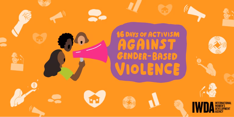 Orange banner logo from IWDA for 16 Days of Activism Against Gender-Based Violence. Simple vector images of 3 women talk into a megaphone.
