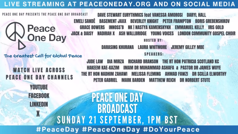 Peace One Day 2025 graphic detailing the event as Online, London including the guest speakers and performing artists.