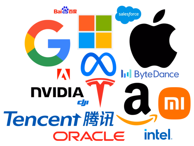 Logos of Big Tech companies including Apple, Amazon, Microsoft, Google, and Facebook.