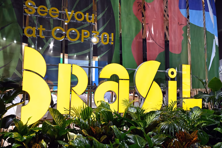 The IAEA Pavillon at the United Nations Climate Change Conference UNCCC COP29 advertising next years COP30 in Brazil.