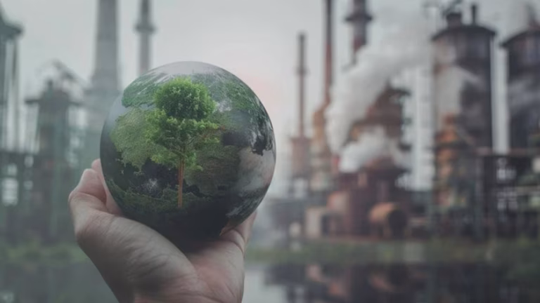 A hand holds a glass globe with trees inside against the backdrop of industrial smokestacks emitting smoke.
