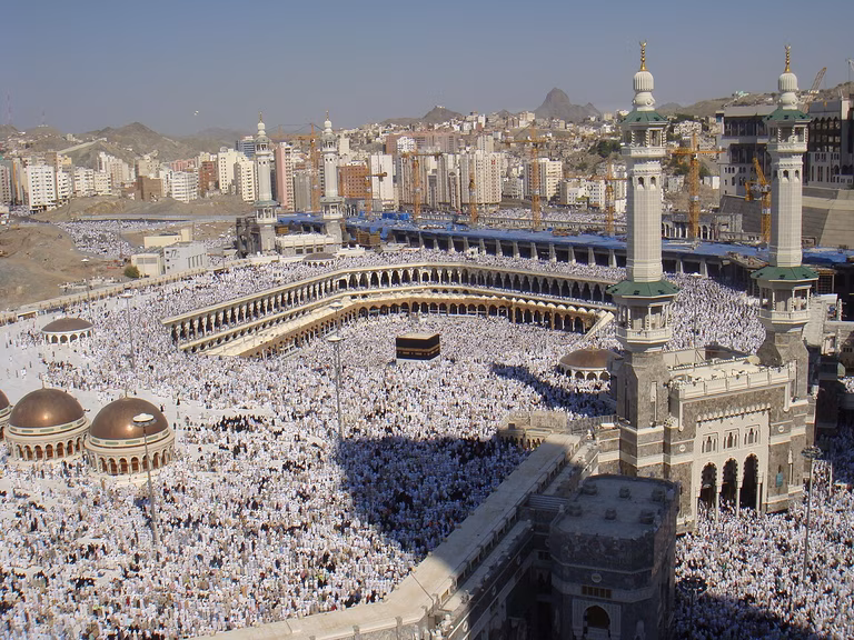 Aerial view of the al-Haram Mosque with the Kaaba at the start of Hajj 