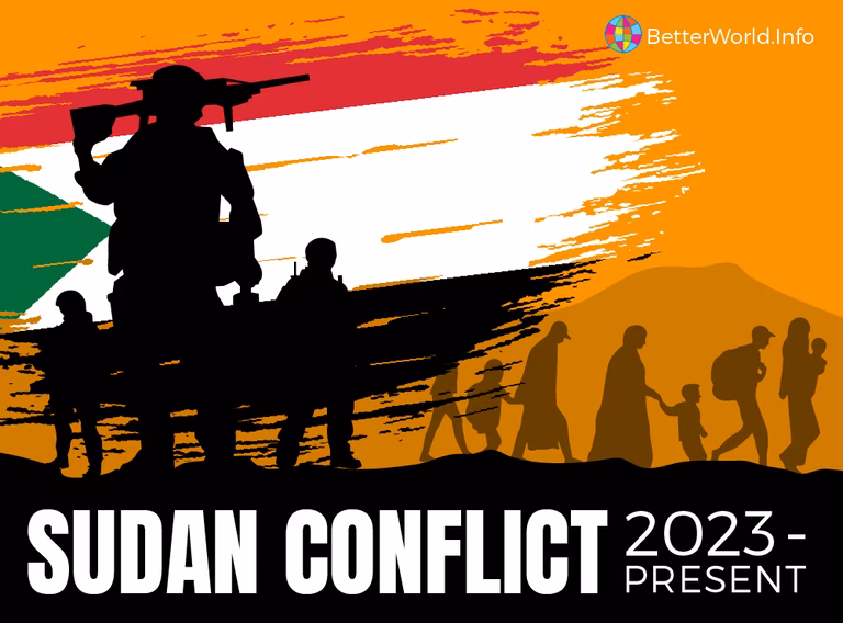 Graphic representing the ongoing conflict in Sudan. The silhouettes of civilians and soldiers are across a yellow background. The Sudanese flag of red, white, black, and green is in the top right corner. The words &lsquo;Sudan Conflict 2023 &ndash; Present' fill the bottom part of the image. 