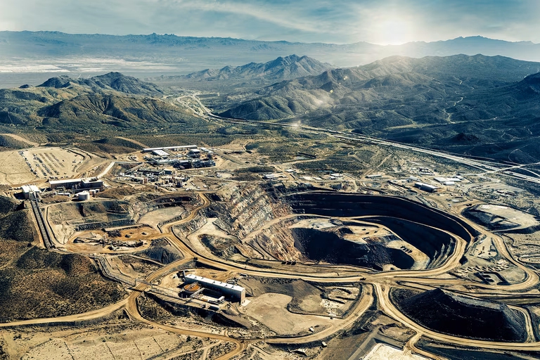  An aerial photograph of the Mountain Pass Rare Earth Mine & Processing Facility in San Bernardino County, California.